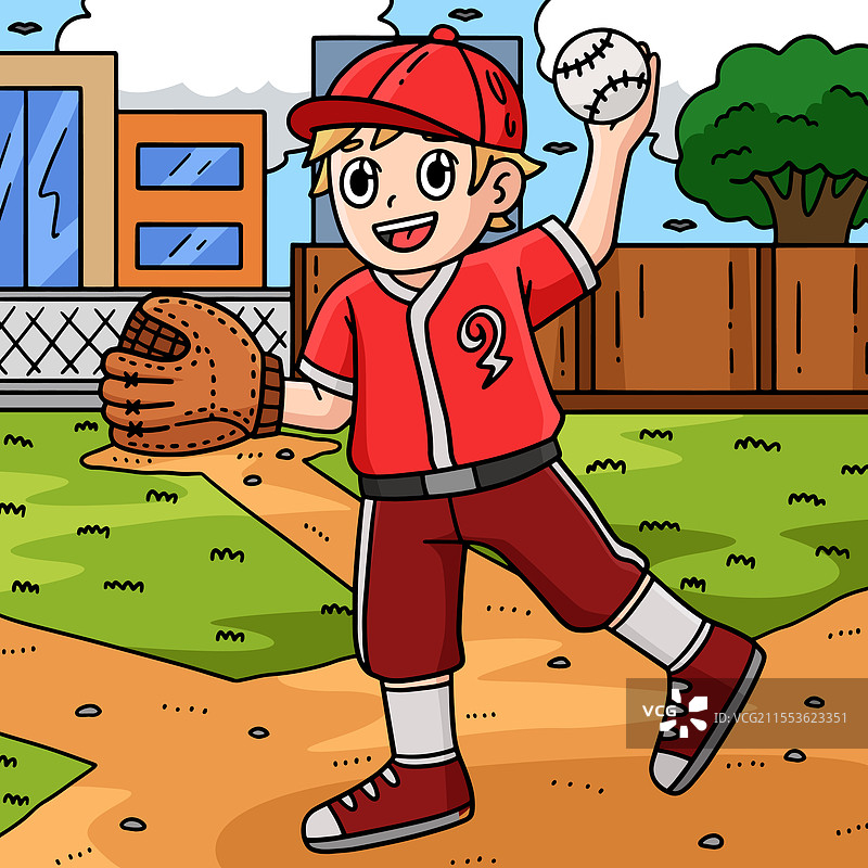 投球的彩色卡通棒球男孩图片素材
