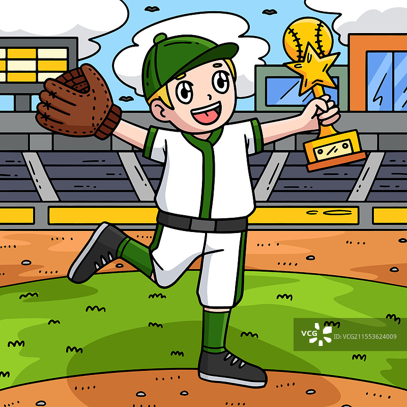 拿着棒球奖杯的彩色卡通男孩图片素材