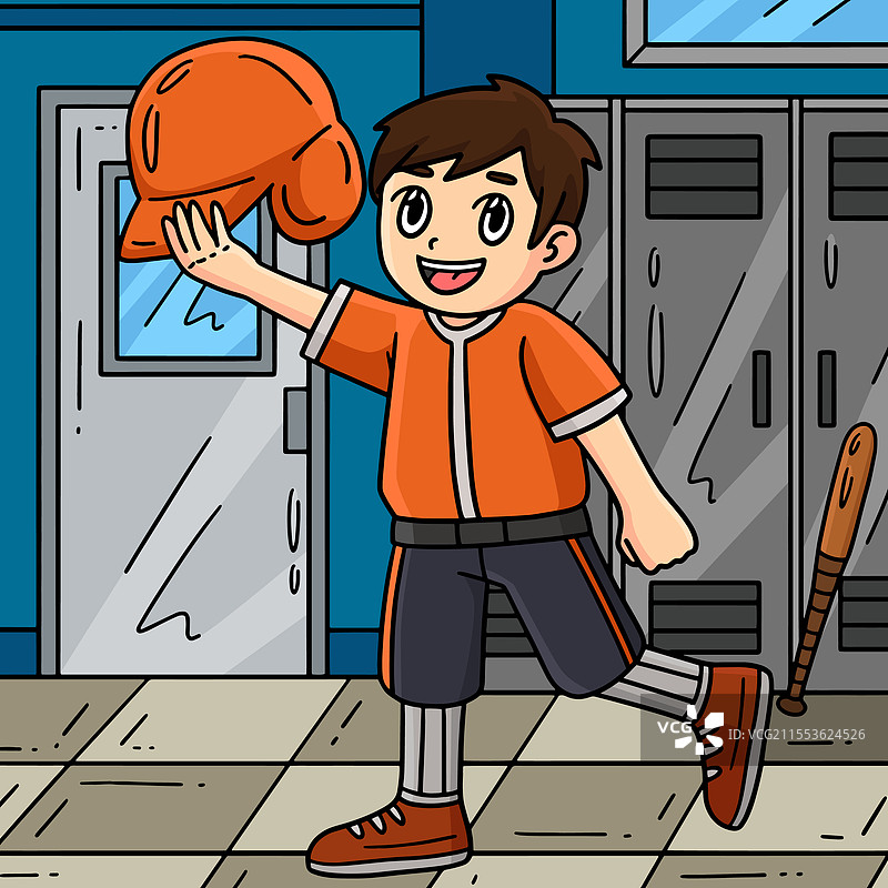 戴着棒球头盔的彩色卡通男孩图片素材