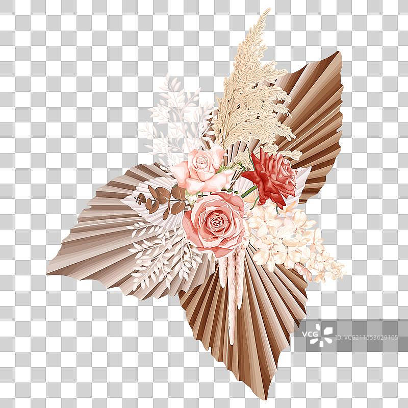 热带波西米亚风格的花束，包含粉色玫瑰图片素材