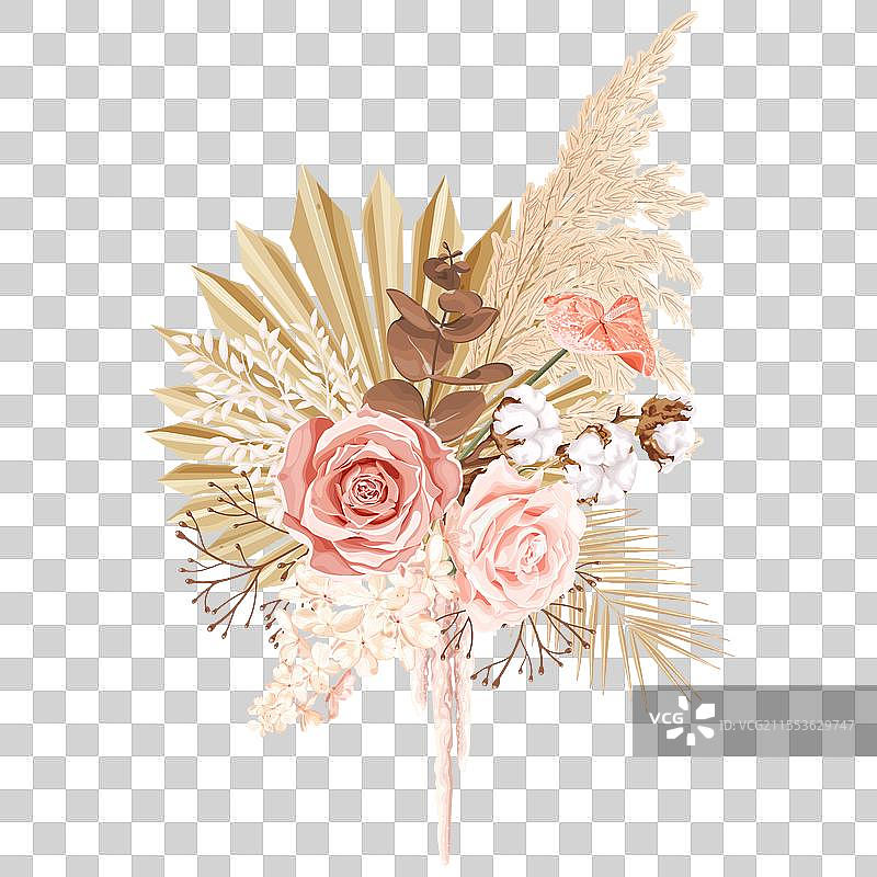 热带波西米亚风格的花束，包含粉色玫瑰图片素材