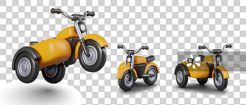 不同位置的黄色三轮车组合图片素材