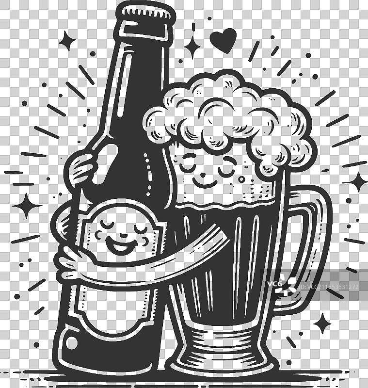 啤酒瓶和酒杯的爱意拥抱图片素材
