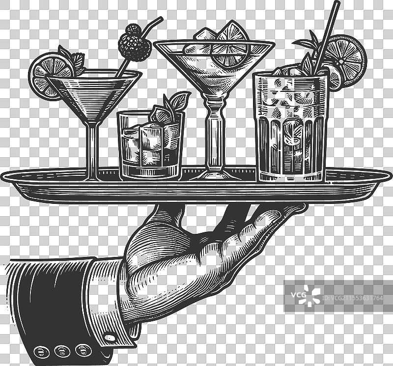 复古鸡尾酒的手持托盘素描图片素材