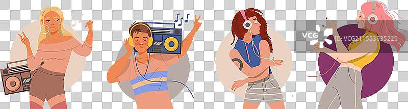 人们角色随着音乐跳舞，享受音轨。图片素材