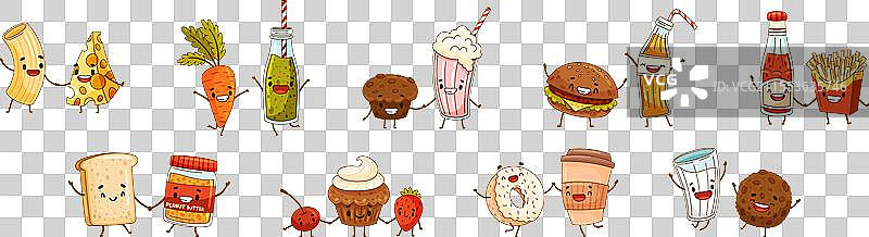 可爱的食物情侣带着微笑的表情组合图片素材