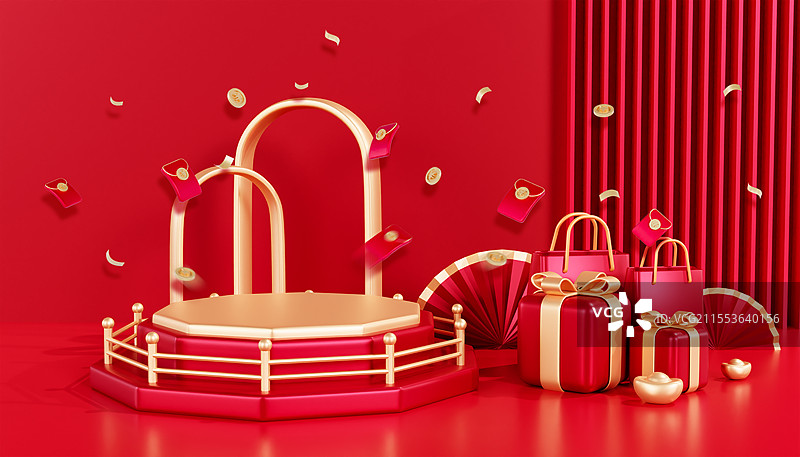 3D中国风产品展示台电商展台红色展示台插画图片素材