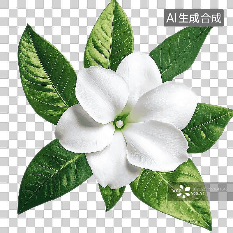 【AI数字艺术】白色栀子花茉莉花，绿叶免扣元素图片素材