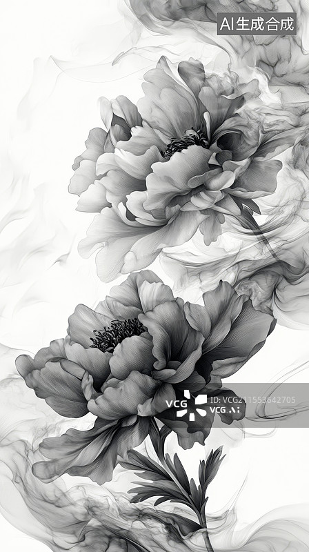 【AI数字艺术】一幅黑白牡丹图片素材