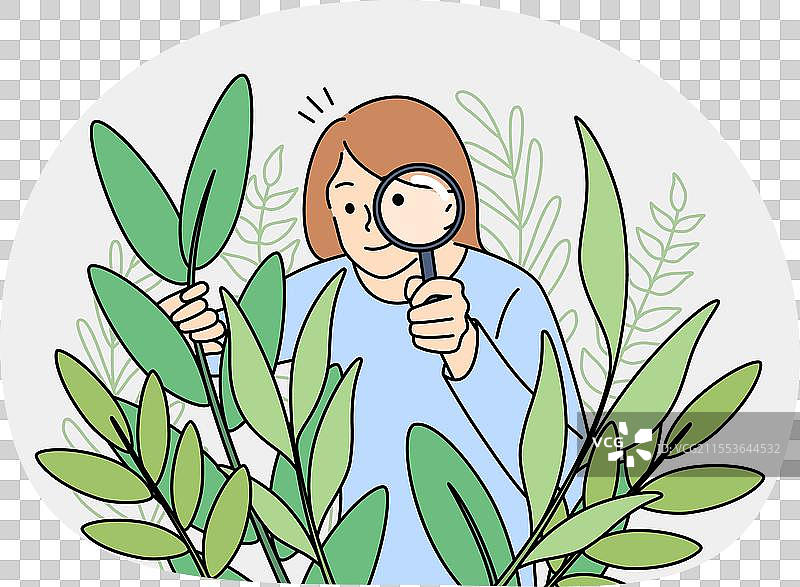 女植物学家用放大镜观察植物图片素材