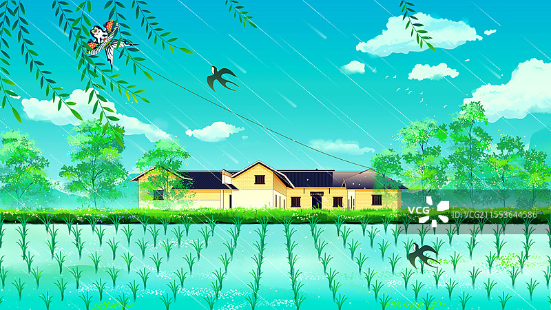 湖南湘潭毛泽东同志故居雨天田园插画图片素材
