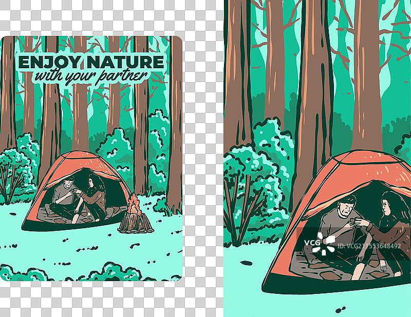 与伴侣在大自然中露营的复古户外场景图片素材