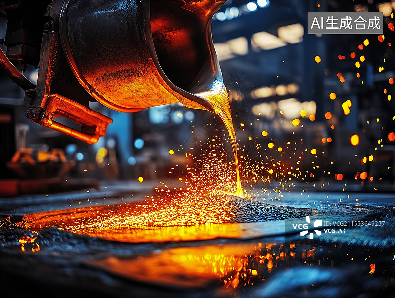 【AI数字艺术】炼钢厂-熔化的铁水在浇铸图片素材