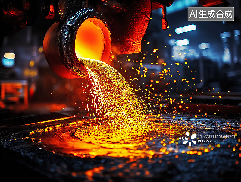 【AI数字艺术】炼钢厂-熔化的铁水在浇铸图片素材