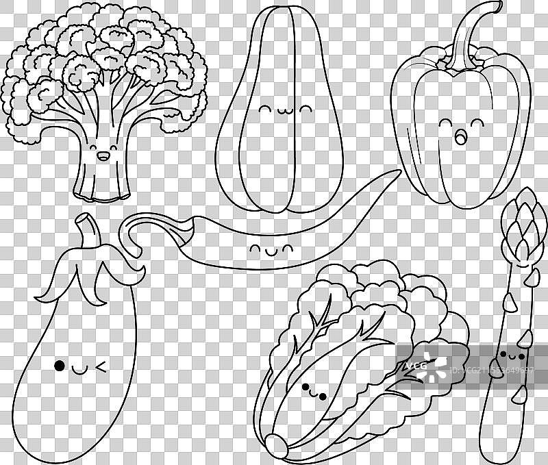 可爱的卡哇伊蔬菜涂色页套装图片素材