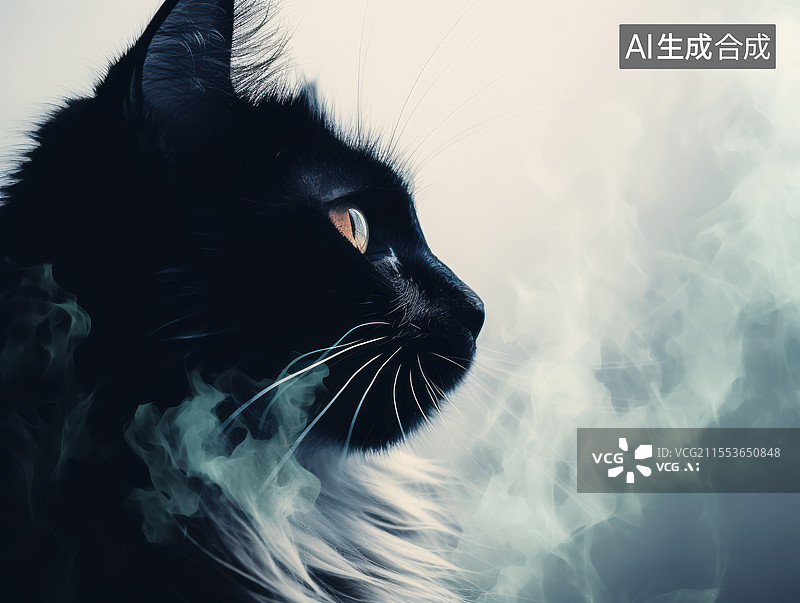 【AI数字艺术】黑白光影下凝视的长毛猫图片素材
