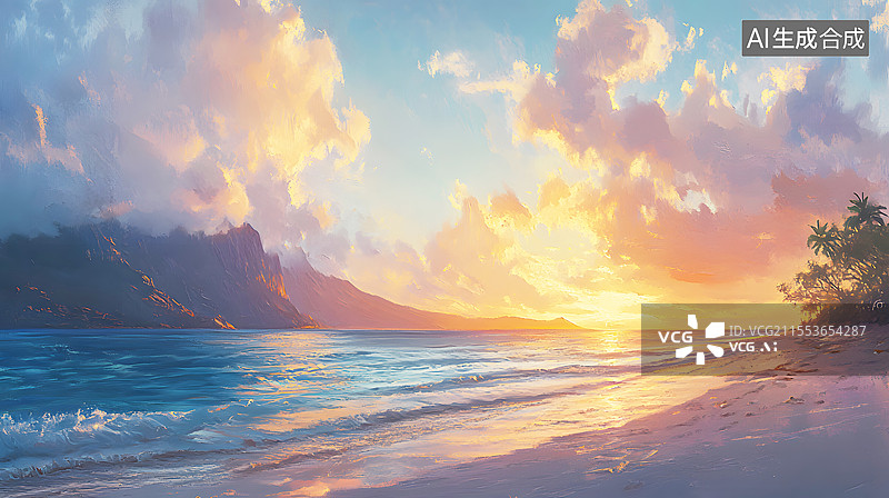 【AI数字艺术】AIGC：日落时海戏剧性的天空，唯美油画风格背景图片素材