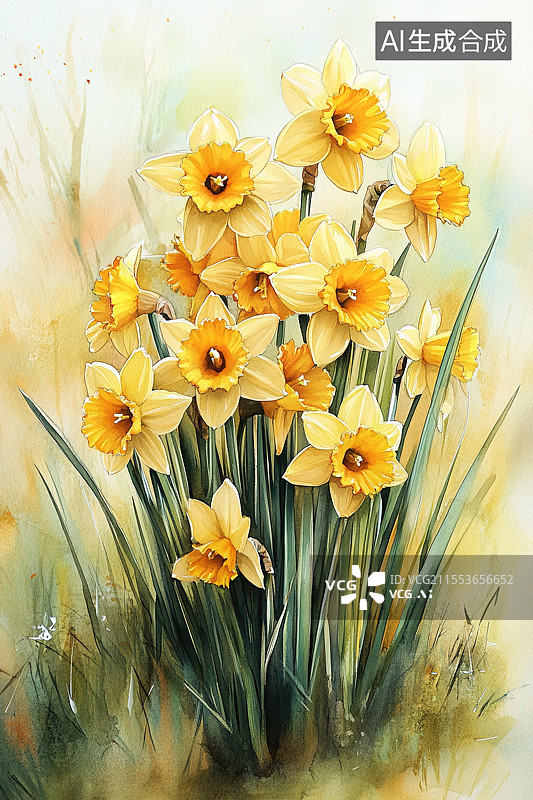 【AI数字艺术】水彩画中的黄色水仙花图片素材