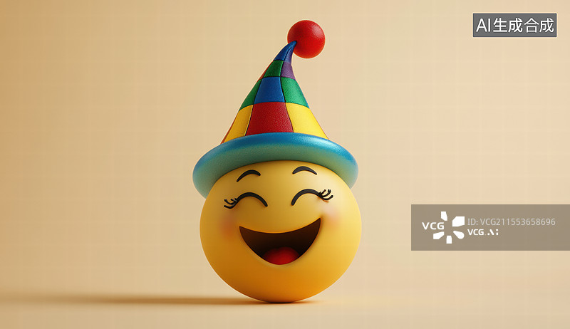 【AI数字艺术】一个可爱的卡通形象，戴着一顶彩色的小丑帽，脸上带着大大的笑容。图片素材