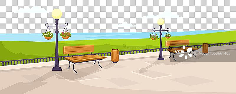 一个宁静的公园场景，有长椅和路灯图片素材
