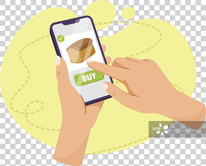手握智能手机，屏幕上有购买按钮图片素材