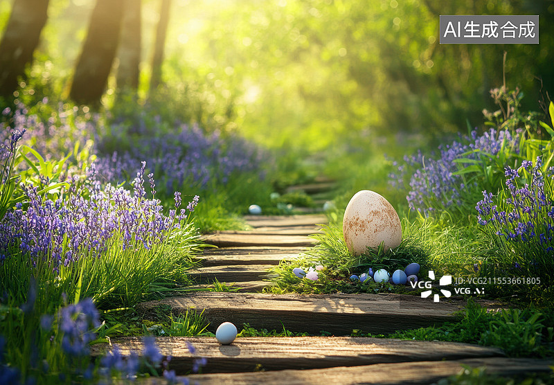 【AI数字艺术】一个宁静而美丽的场景，一个带有斑点的白色鸡蛋静静地放置在一张木制桌子上。图片素材