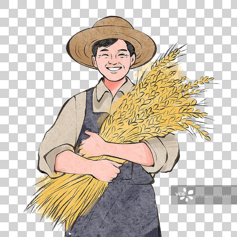 一个农民抱着稻谷插画免扣元素图片素材