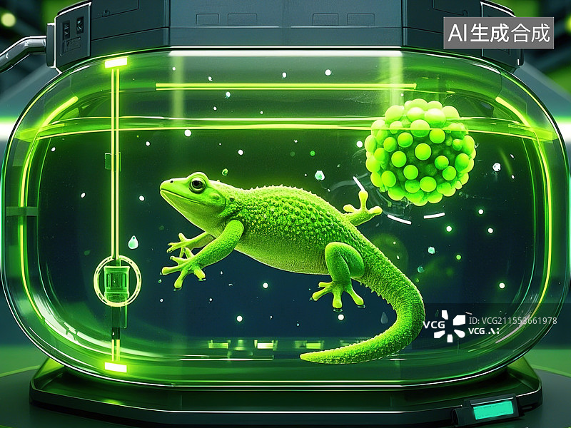 【AI数字艺术】抽象创意动物插画系列儿童识字卡艺术元素孟菲斯风格卡通蝾螈荧光再生断尾白色生化培养舱背景上的细胞分裂动图片素材