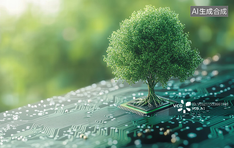 【AI数字艺术】一棵生长在电路板上的树，背景是模糊的绿色植物和柔和的光线。图片素材