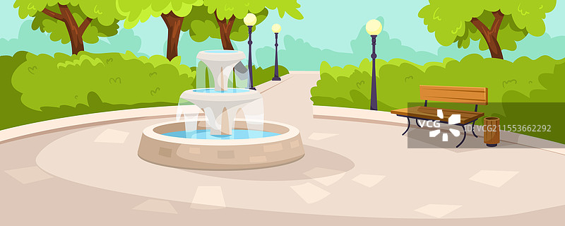 公园场景，带有喷泉、小径和长椅图片素材
