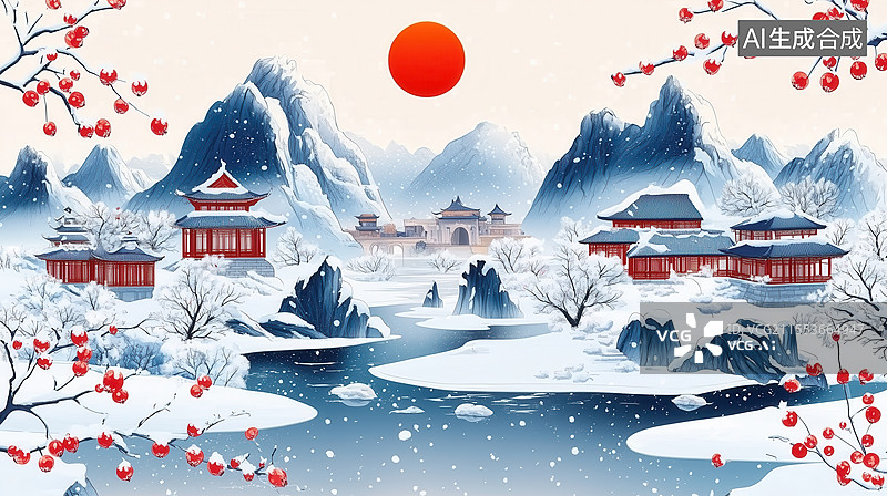 【AI数字艺术】冬日雪景中的中国古建筑图片素材