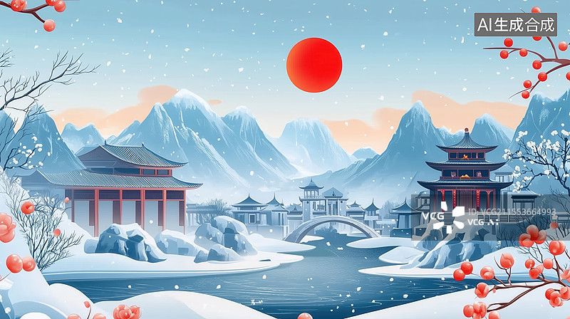 【AI数字艺术】冬日雪景中的中国古建筑图片素材
