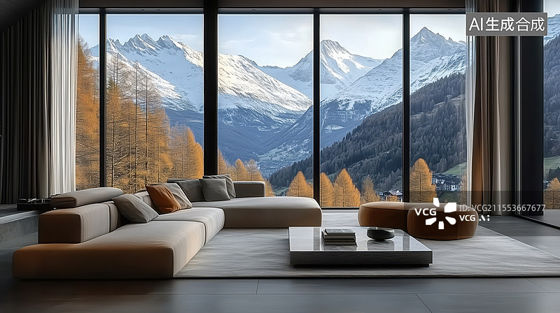 【AI数字艺术】雪山美景下的现代客厅图片素材