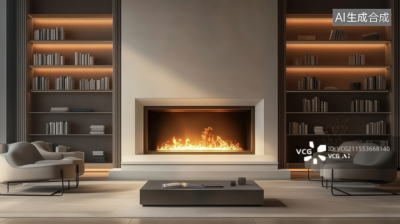 【AI数字艺术】现代简约客厅壁炉设计图片素材