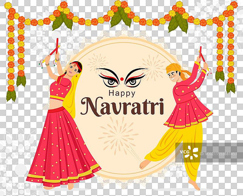 快乐的纳瓦拉特里夫妇在加尔巴舞会上跳丹迪亚舞图片素材