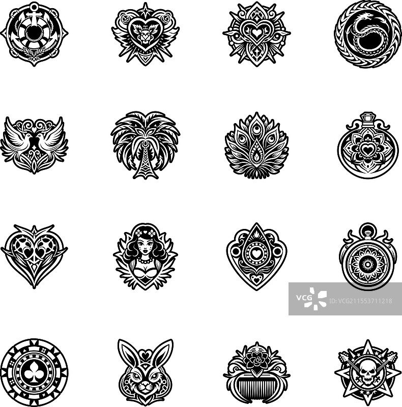 16个复古纹身图标的集合图片素材