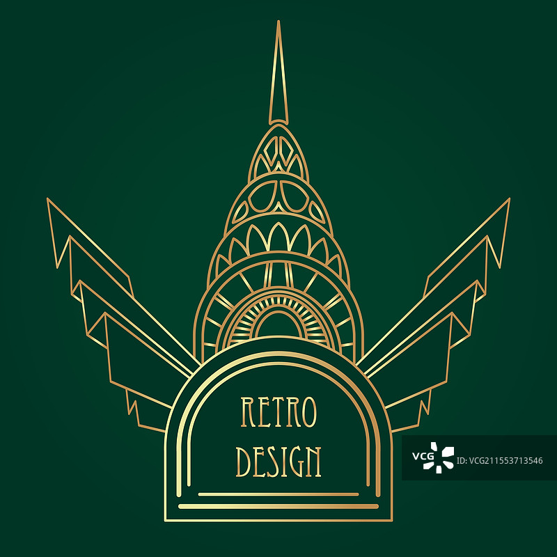 装饰艺术风格的复古金色图案在深绿色背景上图片素材