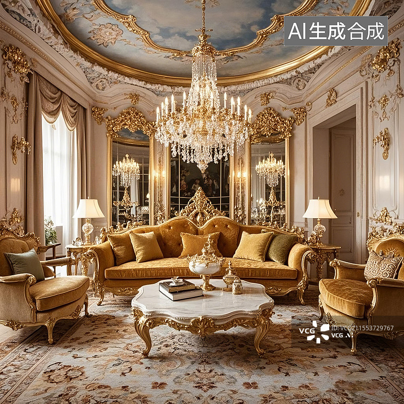 【AI数字艺术】洛可可复兴风格华贵客厅图片素材