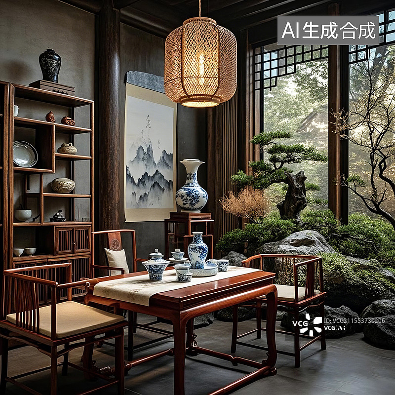 【AI数字艺术】新中式禅意客厅图片素材