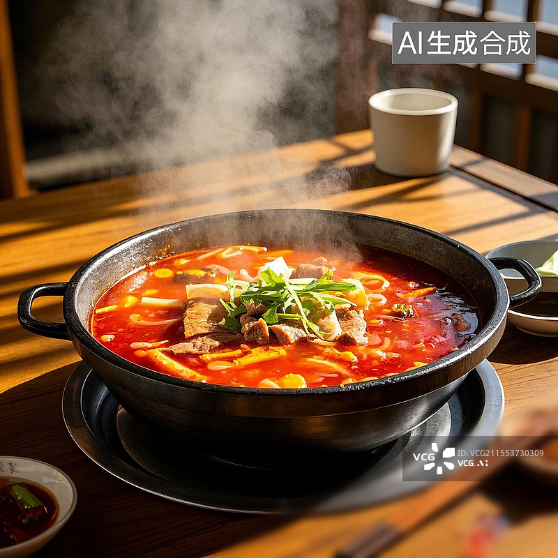 【AI数字艺术】冒热气的水煮牛肉火锅图片素材
