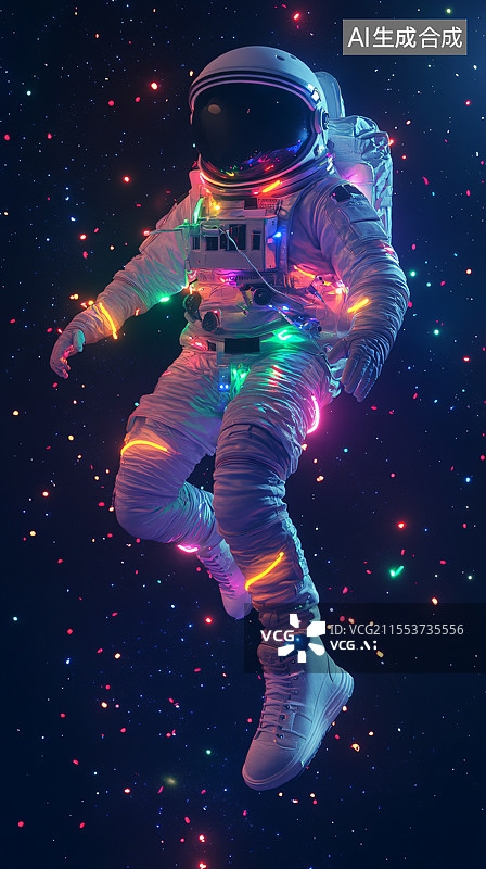 【AI数字艺术】一位炫彩漂浮的太空人在太空中，周围环绕着耀眼的色彩，象征着探索、自由和宇宙的无限可能。此概念捕捉了太图片素材