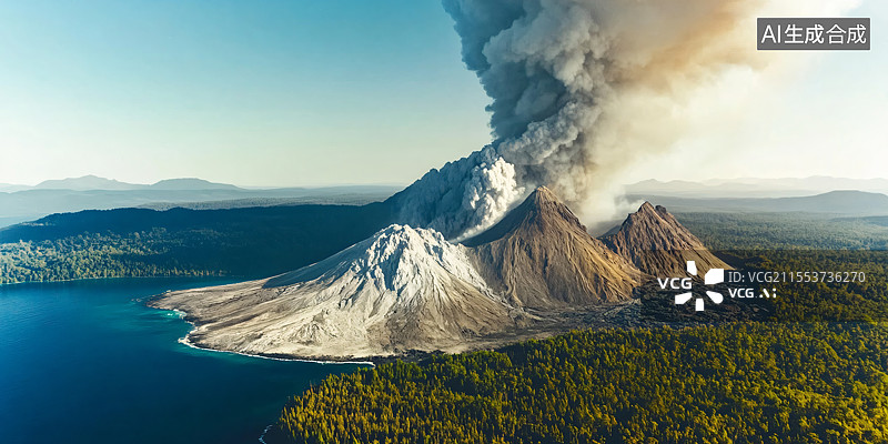 【AI数字艺术】一个海岛上的火山爆发，岩浆沿着山坡流淌，烟雾升腾入天空。这个戏剧性的场景展现了大自然的力量，突显了热图片素材