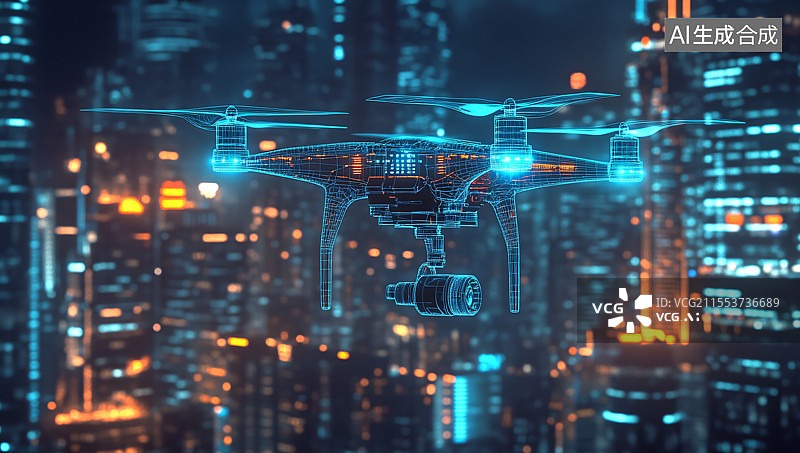 【AI数字艺术】一个未来主义场景，夜晚，一架全息无人机飞翔在城市上空，象征着科技、商业和城市发展的交汇点。这架高科技图片素材
