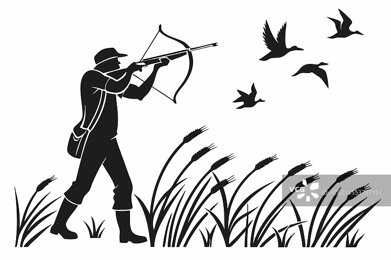 一个男人在狩猎的黑白剪影图片素材
