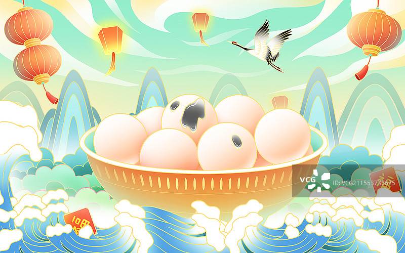 国潮古风山水元宵节节日风景插画元宵节汤圆碗灯笼节日海浪鹤元宵元宵节插画图片素材