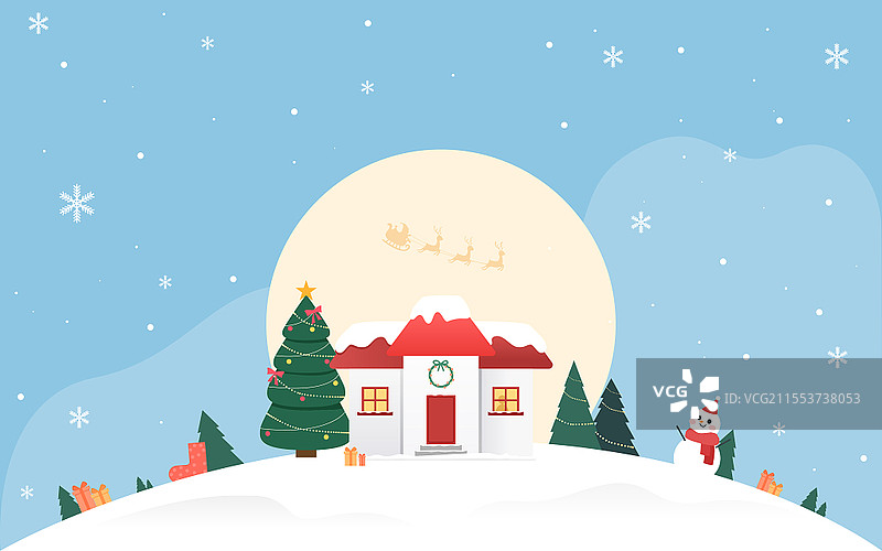 矢量扁平圣诞节圣诞老人房屋背景卡通平安夜圣诞节插画图片素材