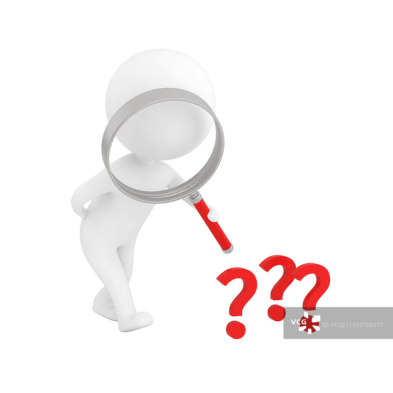 白色卡通3D立体拿放大境小人看问号元素3D小人元素图片素材