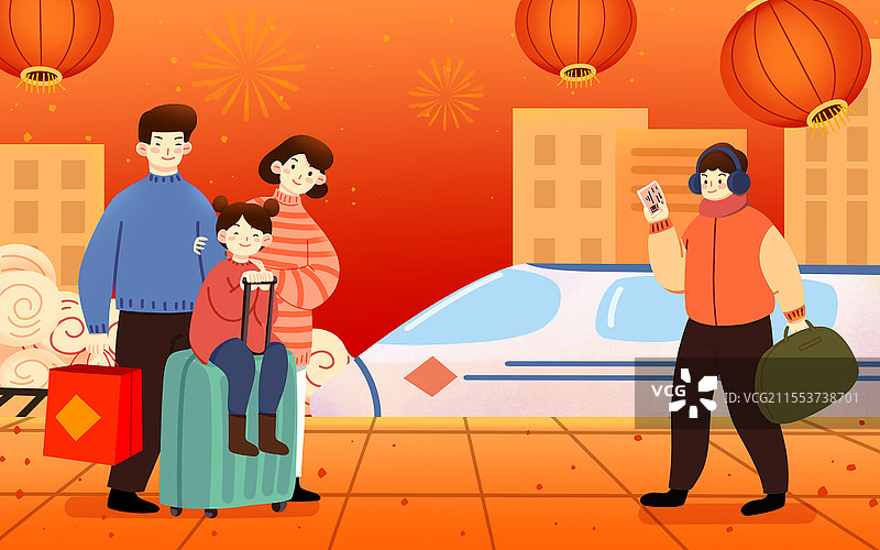 卡通手绘扁平风格一家人春运回家原创插画春运插画图片素材