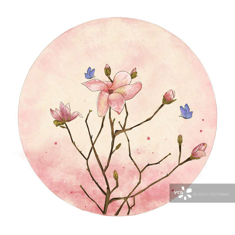 古风水彩玉兰花蝴蝶素材古风花鸟元素图片素材