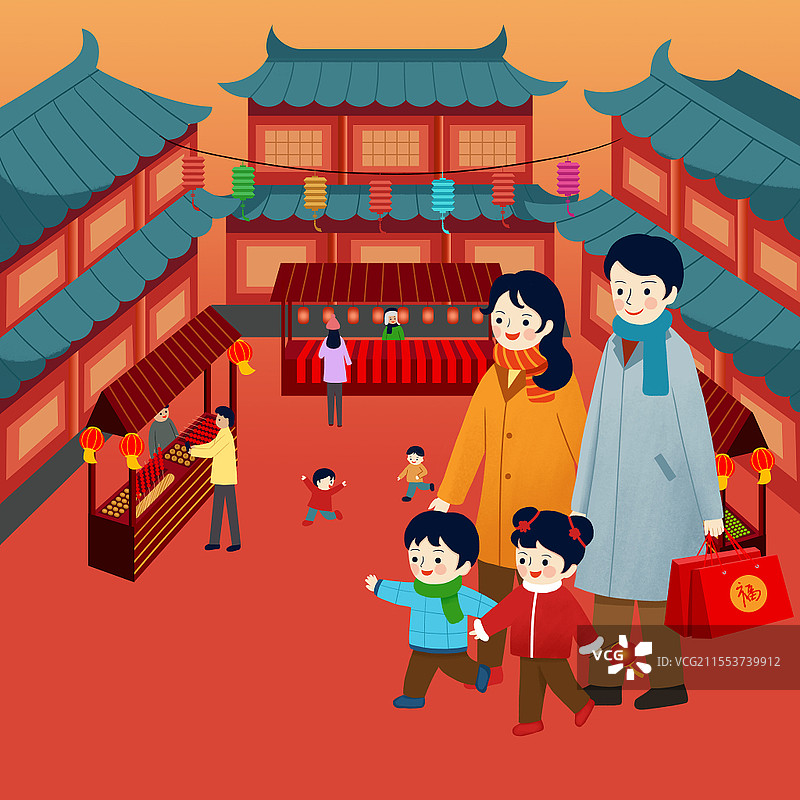 春节赶集 扁平过年习俗 腊月二十七赶大集办年货过年习俗腊月二十七赶大集办年货洗福禄插画图片素材